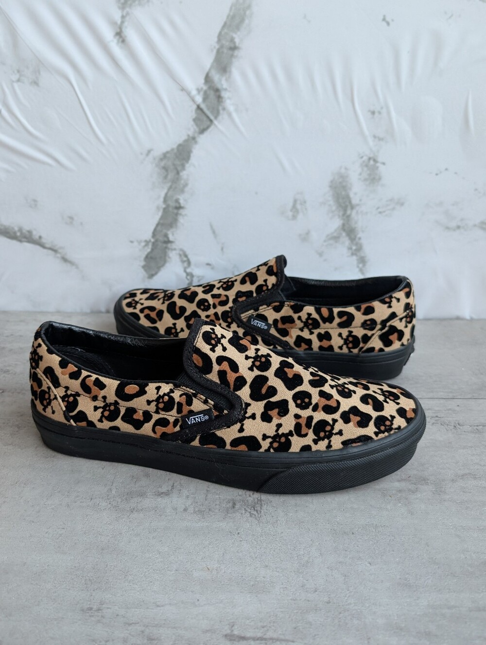 Rare Vans Skull Leopard Slip On Tan Black Sneakers Shoes Men 8.5 Women 10